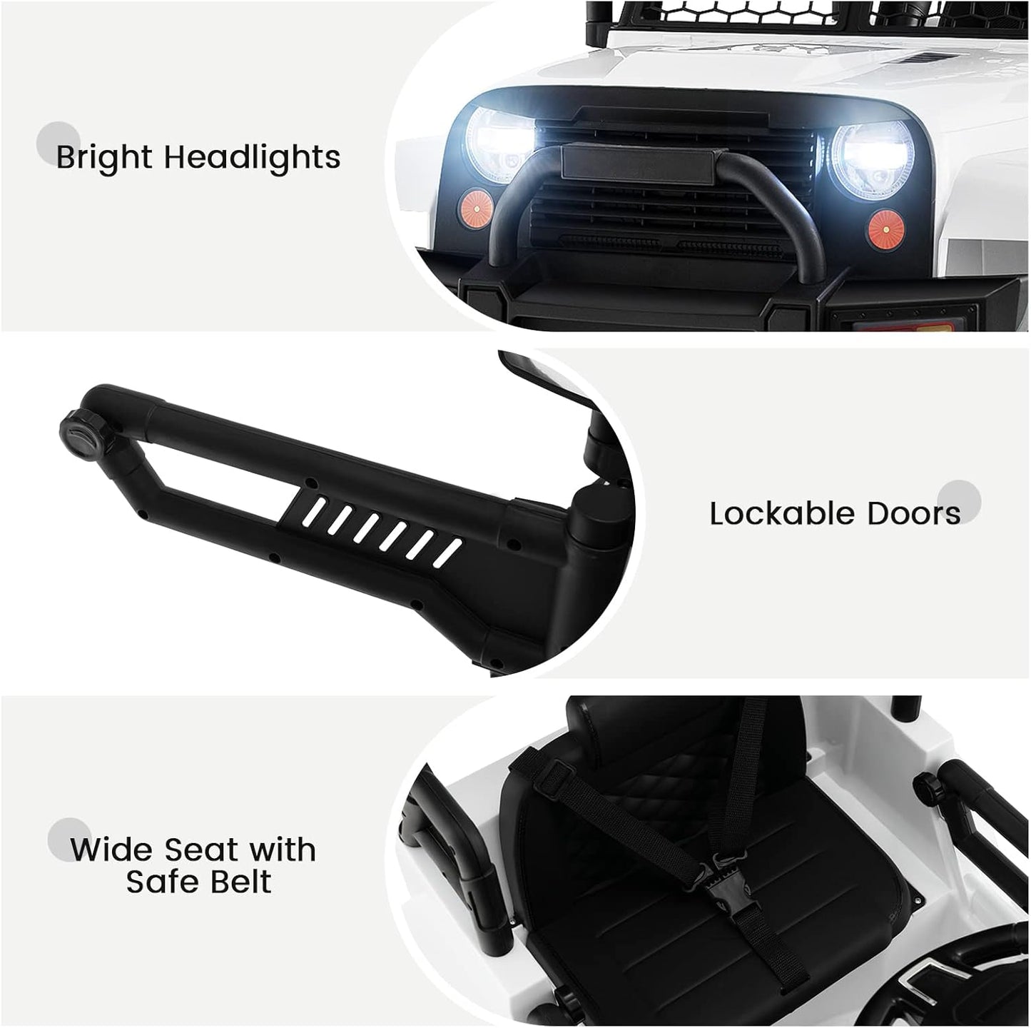 OLAKIDS Kids Ride On Truck, 12V Electric Vehicle Jeep Car with Remote Control, Toddlers Battery Powered Toy with 2 Speeds, Spring Suspension, Double Open Doors, LED Lights, Music, TF, USB, Mp3 (White)