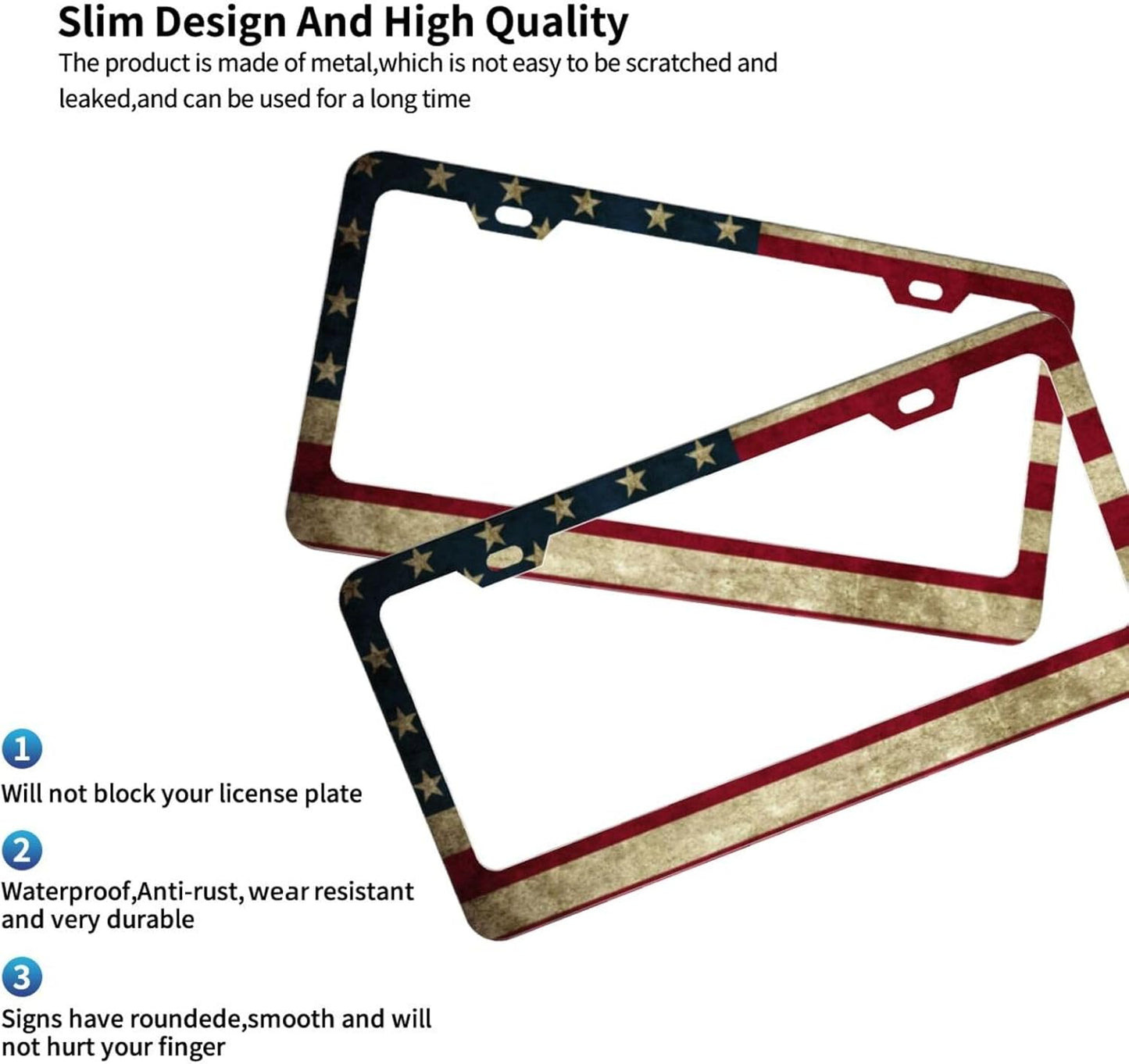 Patriotic License Plate Frame,American Flag License Plate Frame,Flag License Plate Frame US Car Tag Frames Holders Covers Stainless Aluminum 2 Pack 2 Holes Car Accessories