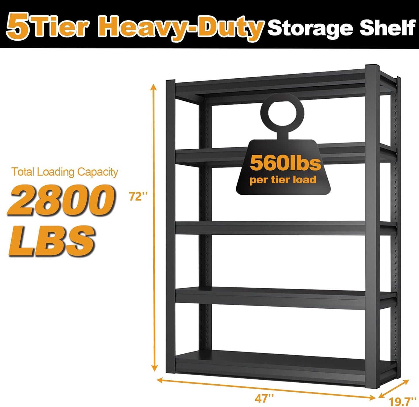 72H Metal Kitchen Storage Shelves, 2800 LBS Heavy Duty Pantry Shelving Unit, 5-Tier Adjustable Pantry Shelves, Food and Beverage Storage Rack, Appliance Storage Utility Shelf for Balcony - Black