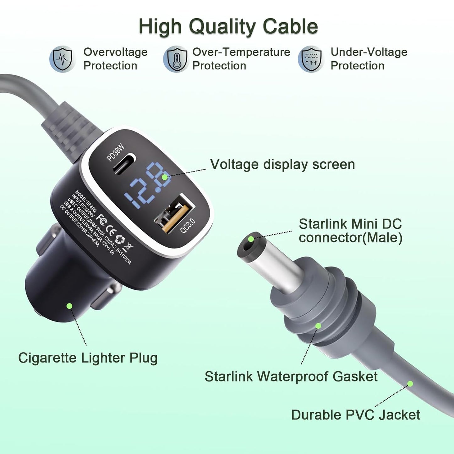 3 in 1 Car Power Cable for Starlink Mini Cigarette Lighter Adapter, Car Charger for Mini Starlink DC Power Cable with Digital Display, Durable & High Speed Charging USB A/USB C Port (3M/10FT)