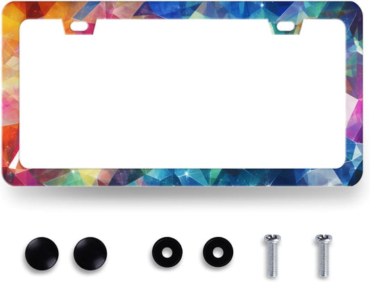 Abstract Shiny License Plate Frame Colorful Bling License Plate Holder for Personalized Car Decorative Stainless Steel Funny License Plate Cool Auto Part with Screws Men Women 12.2" x 6.2"