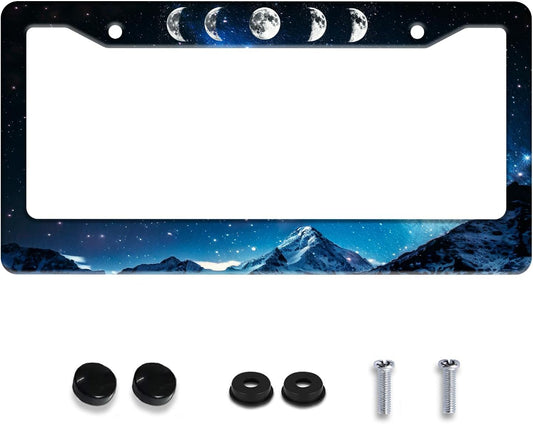 Personalized License Plate Frame Moon Phase Mountains Stainless Steel Accessory License Plate Holder Funny Car Decorative 2 Holes Screws Fits Us Standard License Plates 12.2 X 6.3 in for Men Women
