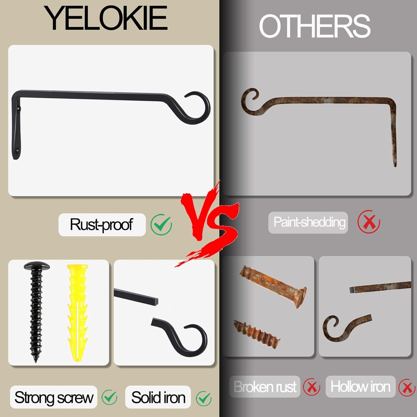 2 Pack Premium Forged Wall Hook, Sturdy Hanging Plant Bracket, Elegant Hook for Bird Feeders, Planters, Lanterns, Wind Chimes Indoor Outdoor, Upgrade Black, 12 Inch