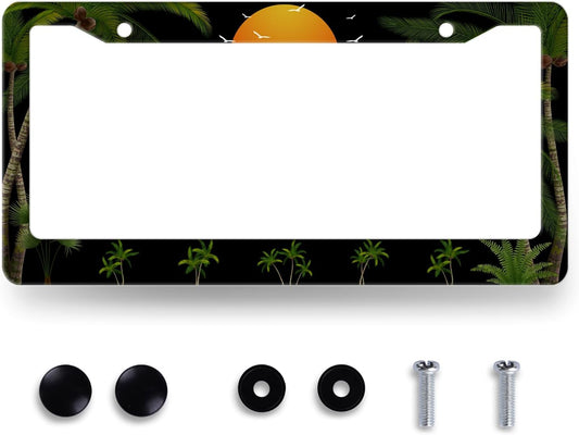 Palm Trees Sunset License Plate Frame Tropical Plants License Plate Holder Stainless Steel Front and Rear Car Tags Auto Parts Colorful License Plate Men Women Decoration with Screws 12.2" x6.2"