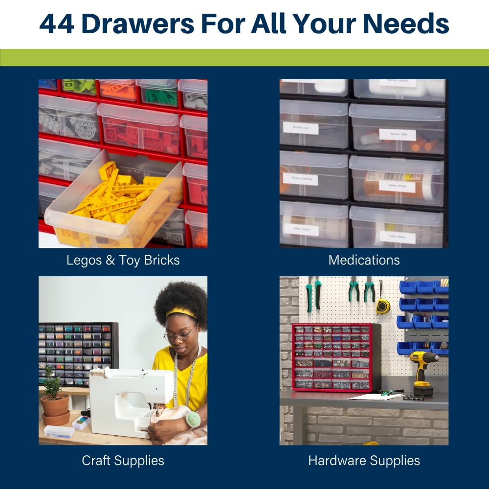 Akro-Mils 44-Drawer Plastic Drawer Storage Cabinet for Garage Organization, Bead Organizer, Building Bricks Storage, Teacher Toolbox, Makeup Organizer, 20-Inch W x 6-Inch D x 16-Inch H, 10144 Red