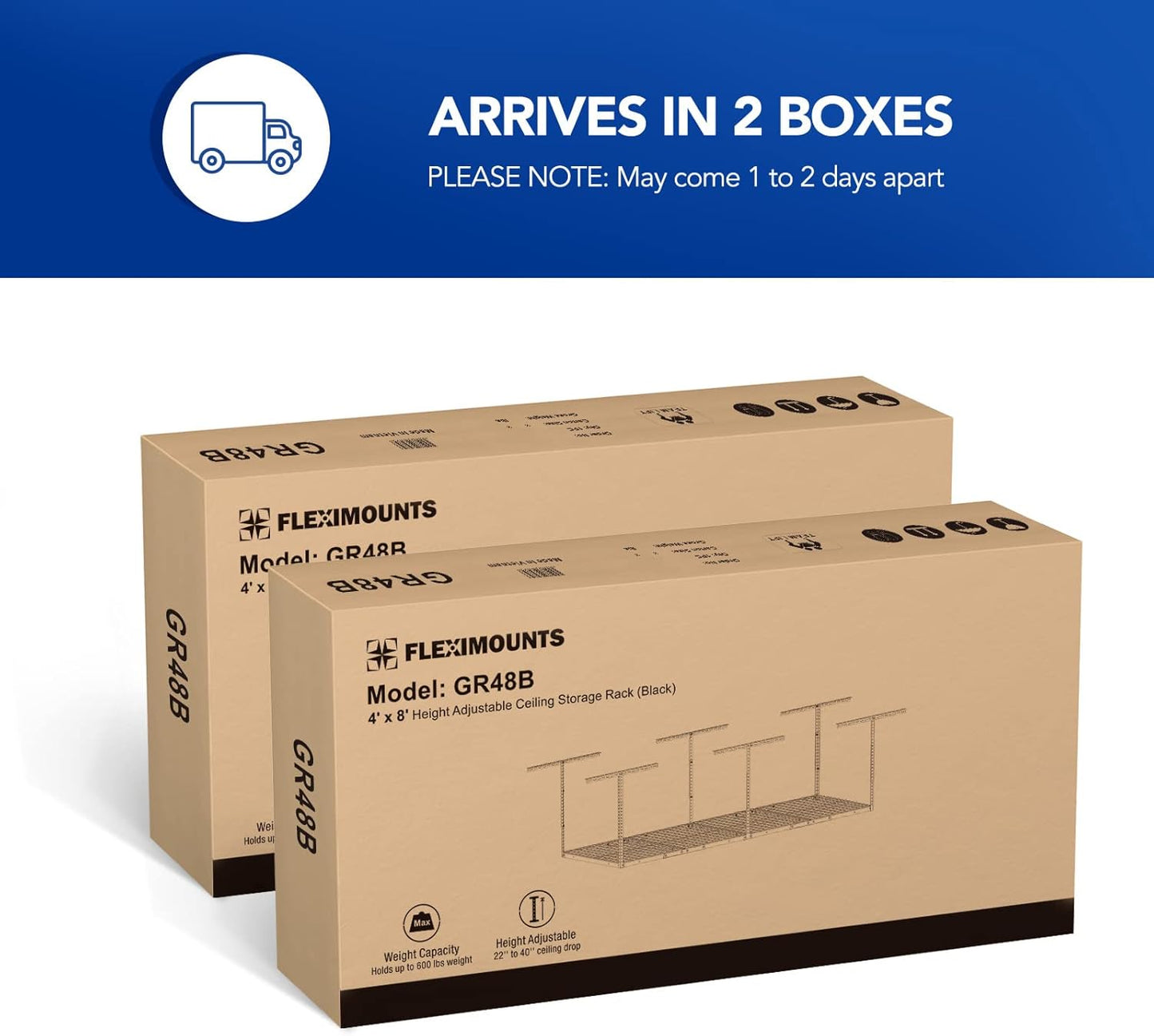 FLEXIMOUNTS 4x8 Overhead Garage Storage Rack, Adjustable Organization System, Heavy-Duty Metal Ceiling Racks, 2 pack, White