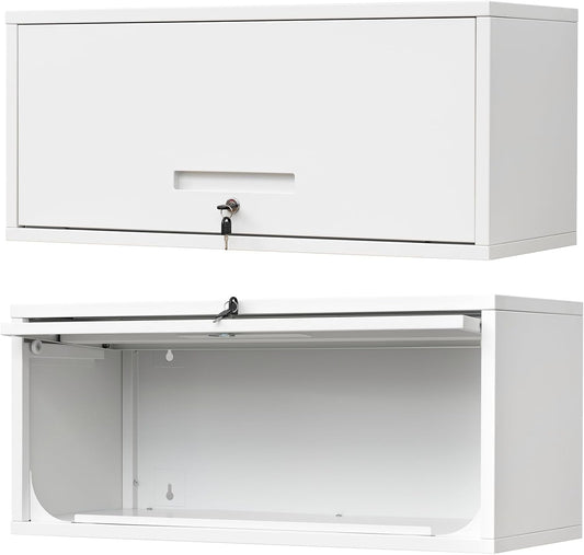 Metal Wall Storage Cabinet with Up-flip Door, Wall-Mounted Storage Cabinet for Garage, Warehouse, Home, Office, Assembly Required (White)