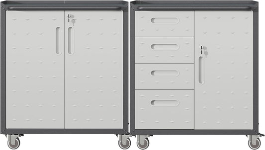 Metal Tool Cabinet,Garage Storage Cabinet System,Wall Cabinet & Locking Rolling Tool Cabinet with Doors and Adjustable Shelves,Steel Tool Cabinets for Home,Office (2 Pcs-Styled, Black & Grey)
