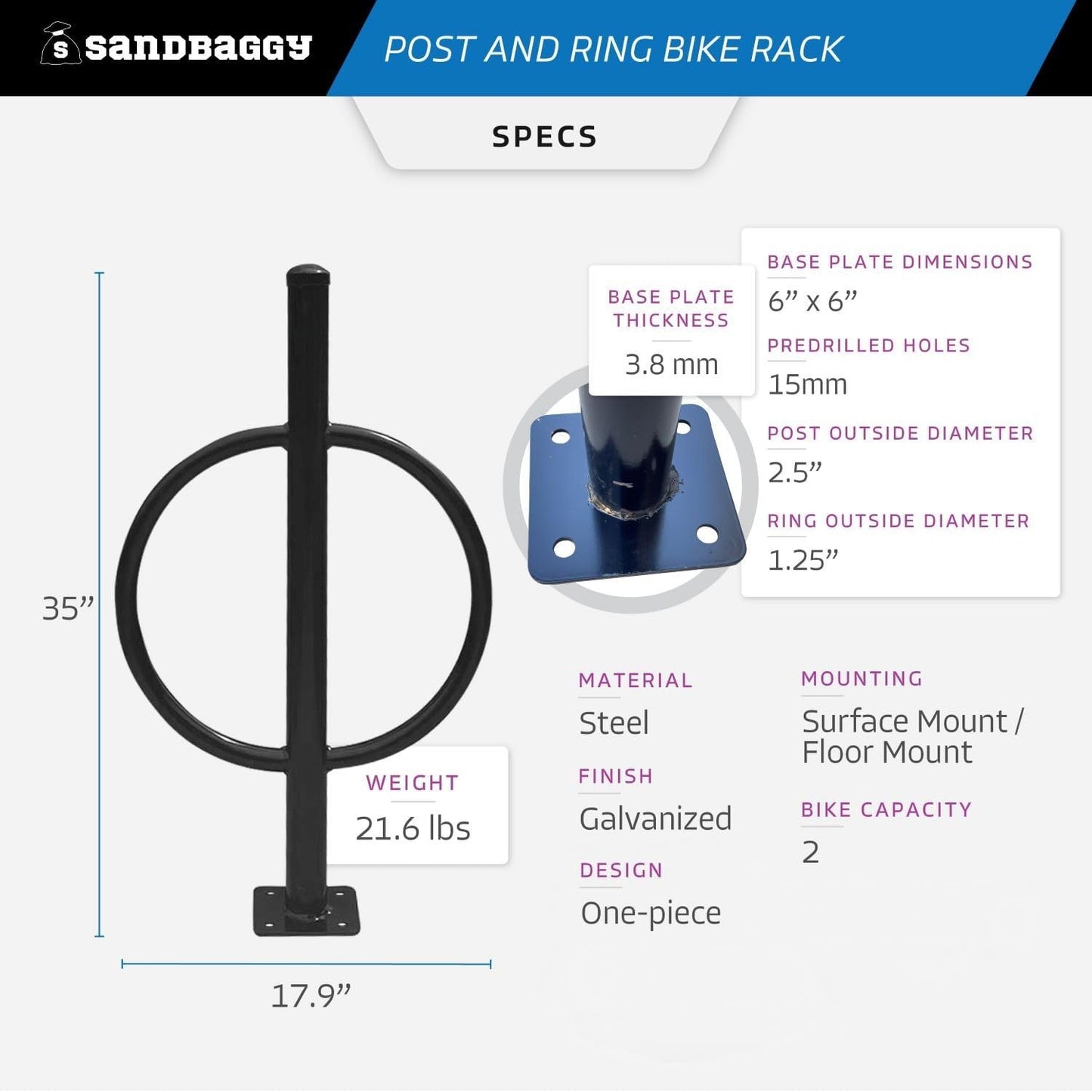 Sandbaggy Post and Ring Bike Rack - Commercial Bike Racks - Galvanized Steel - Anti-Theft Design - In Ground, Apartments, Sidewalks, Industrial (Blue, 2)