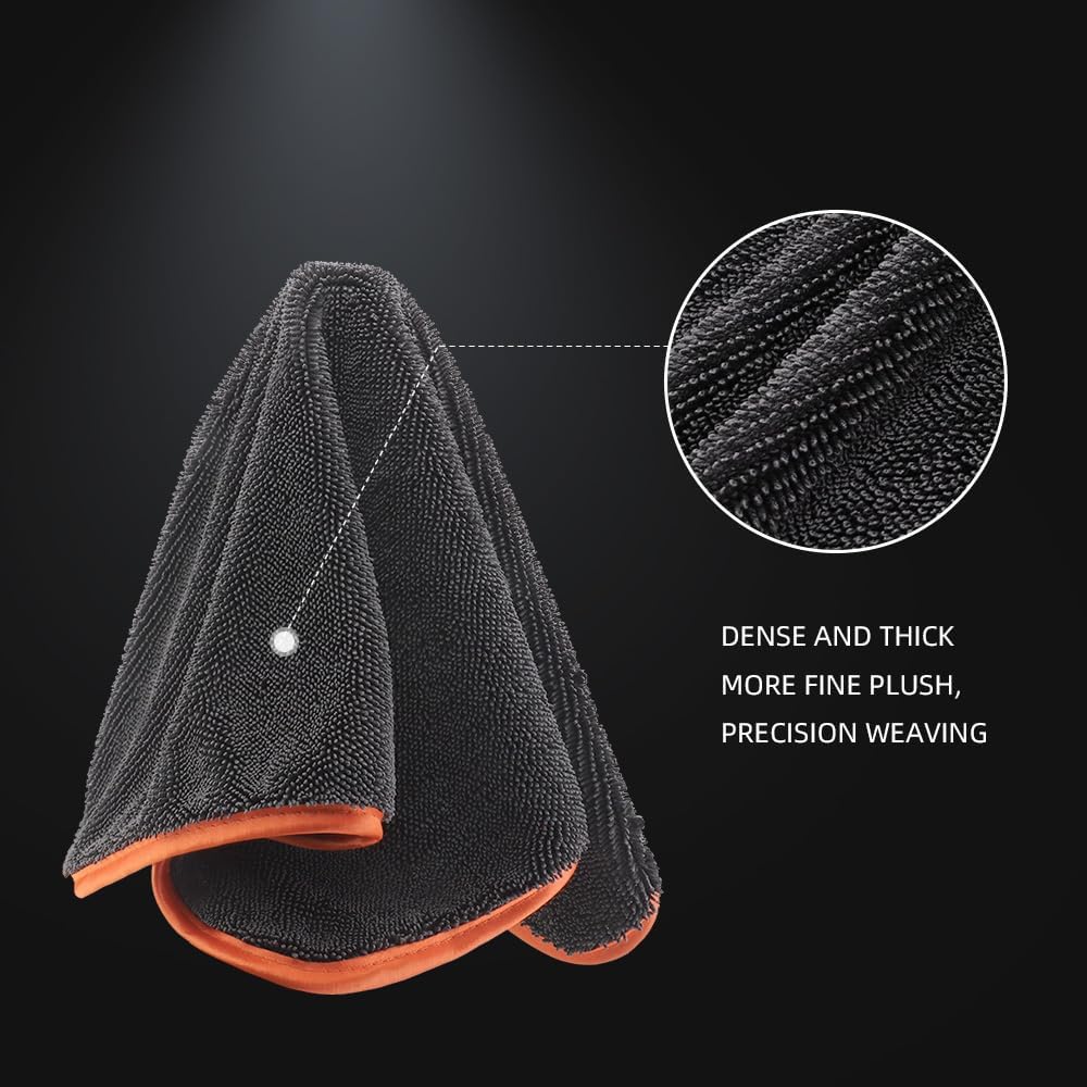 SPTA Microfiber Car Drying Towels, Cleaning Cloth Towels, Twist Pile Rapid Drying Orange Edge Car Microfiber Towels for Car Detailing, Pack of 3, 16.5 x 16.5 Inch, 600 GSM, Gray-MT040