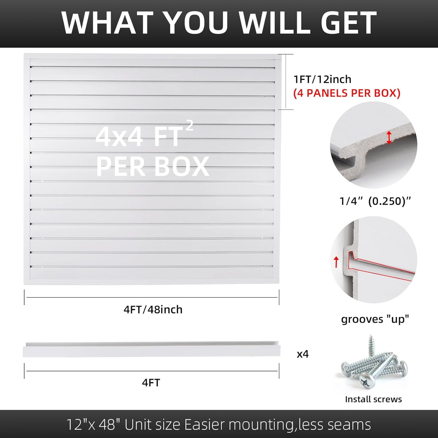 Slatwall Panel Garage Organizer Heavy Duty Wall Mounted, PVC Slat Panels Home Storage System, Tool Organization Peg Board 4ft by 4ft (White)