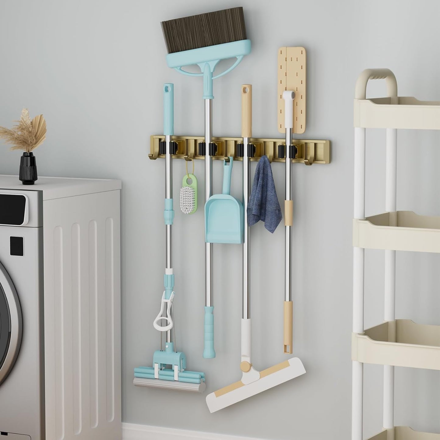 Broom Holder Wall Mount Mop and Broom Hanger Wall Mounted Garage Storage Rack Kitchen Garden Tool Organizer (4 Racks with 5 Hooks, Bronze)