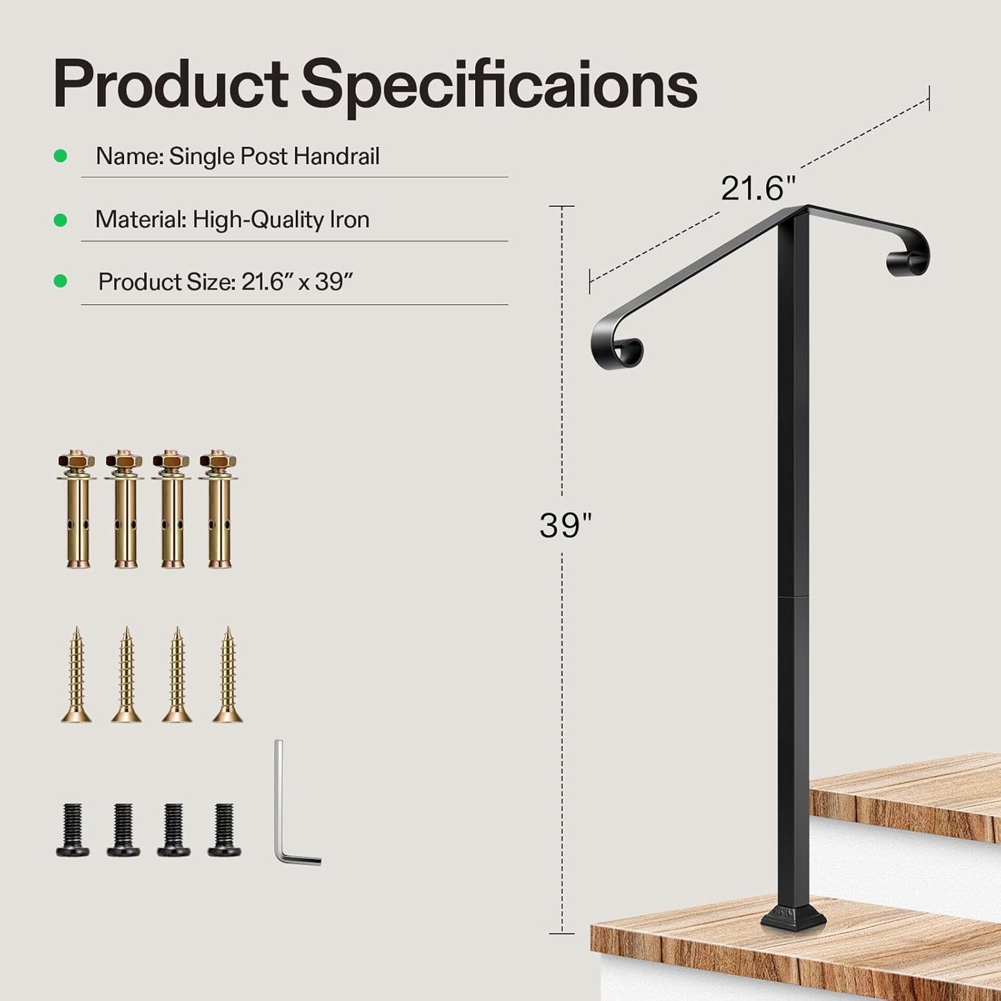 VIVOSUN Outdoor Handrail, 2 Step Stair Handrail, 21.6" x 39" Fits 1 to 2 Steps, Wrought Mattle Iron Stair Railing with Dual Curved Ends for Concrete Steps, Porch Steps, One-Step Assembly, Black