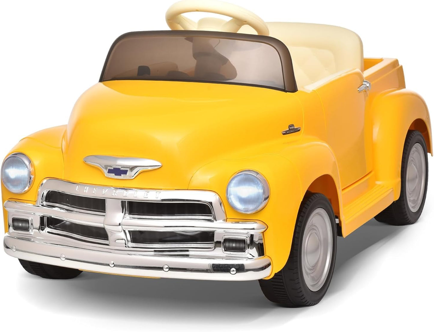 Joywhale 12V Kids Ride on Car Licensed Chevrolet 3100 Pickup Battery Powered Motorized Electric Car with 7AH Big Battery 2.4G Remote Control 3-Speeds Storage Space Music Retro Style, Yellow