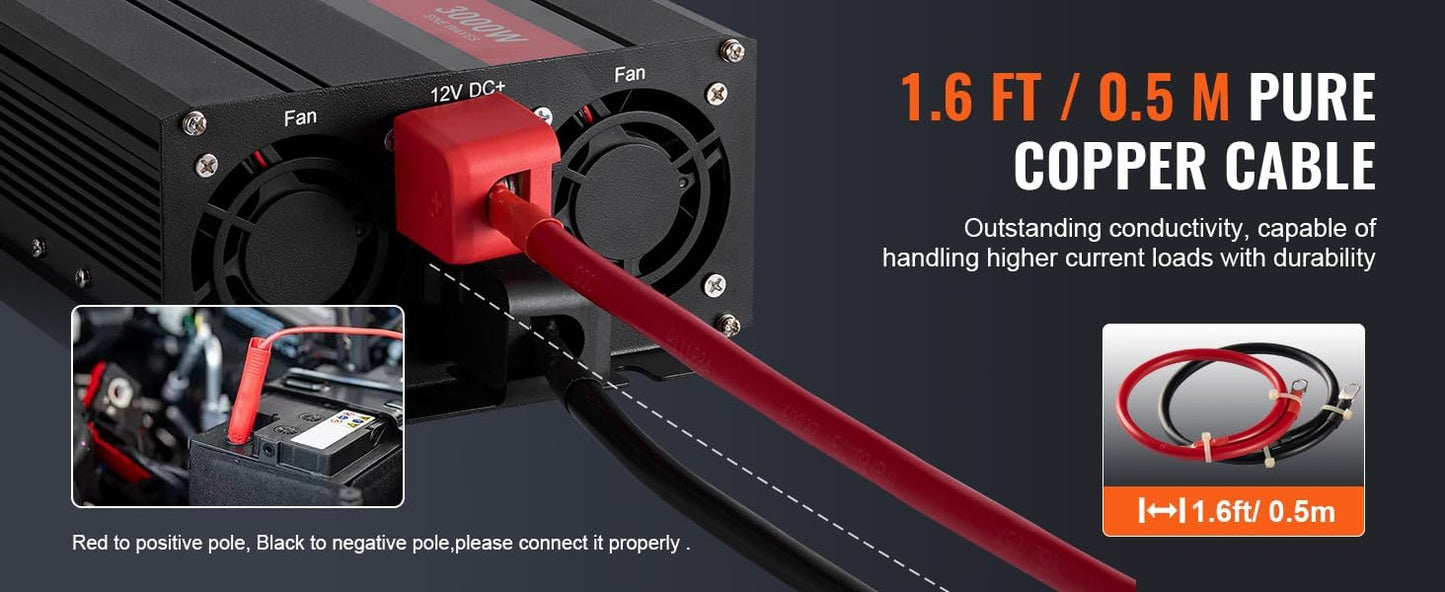 VEVOR Pure Sine Wave Inverter, 3000 Watt, DC 12V to AC 120V Power Inverter with 2 AC Outlets 2 USB Port 1 Type-C Port, LCD Display and Remote Controller for Large Home Appliances, CE FCC Certified