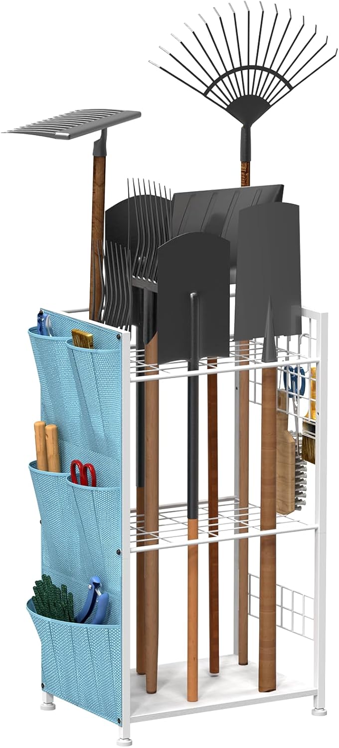 YBING Garden Tool Organizer, Yard Tool Stand with Side Storage Pockets, Yard Tower Rack for Garage Storage, Freestanding Tools Organizers and Storage for Shed, White