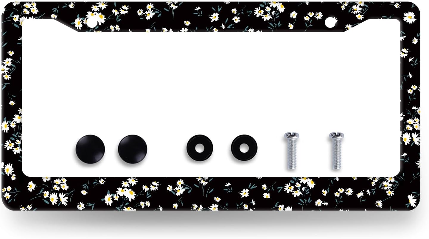 Daisy License Plate Frame Watercolor Daisies Flower License Plate Holder Stainless Steel Funny Design with 2 Holes and Screws 12.3" x 6.3"