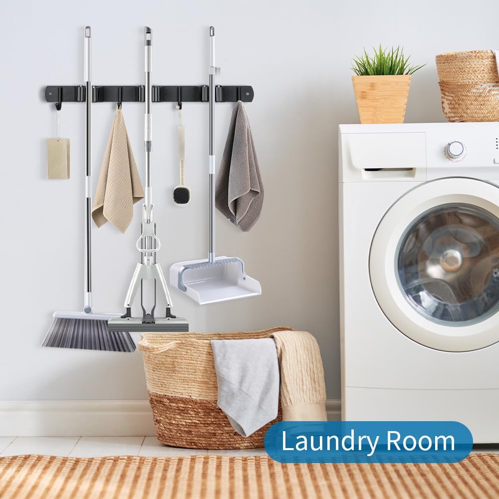 Broom Hanger and Mop Holder, Heavy Duty Garden Tool Organizer Rack Rake and Shovel Handle, Stainless Steel Wall Mounted Utility Rack with Screws (5 Racks with 4 Hooks, Matte Black).