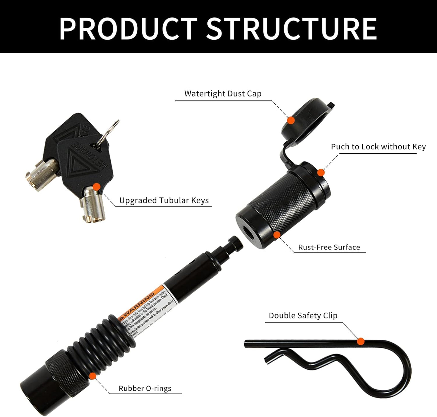 Trailer Hitch Pin Lock, 5/8" Dia with Extra Long 4" Hitch Lock Fits Class III IV V 2", 2-1/2"& 3" Receivers, Trailer Hitch Lock with Safety Clip and O-Rings for Trailer Truck Car Boat