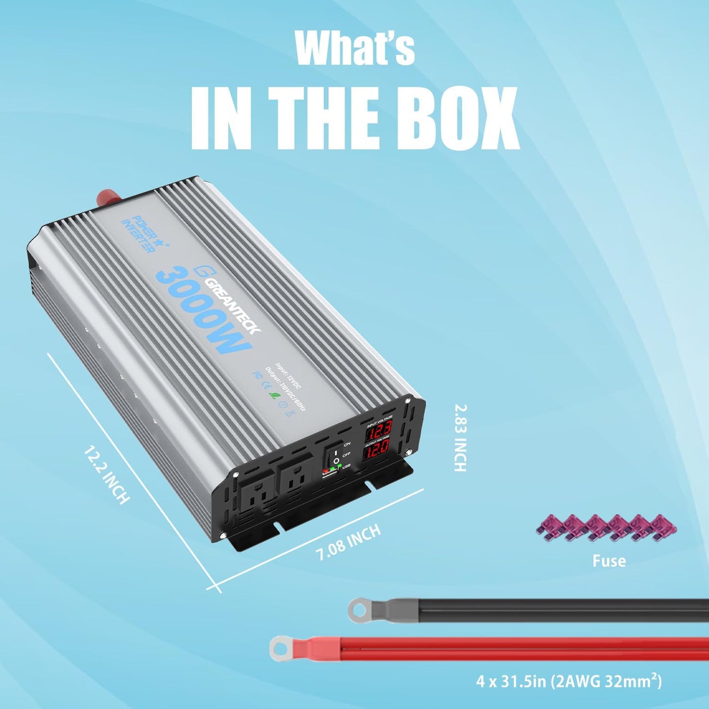 Power Inverter 3000 Watt, DC 12V to AC 110V 120V Converter Car Modified Sine Wave Power Inverter with Dual Sockets, USB Port, LED Display for RV Truck Boat Solar Car Emergency Off Grid