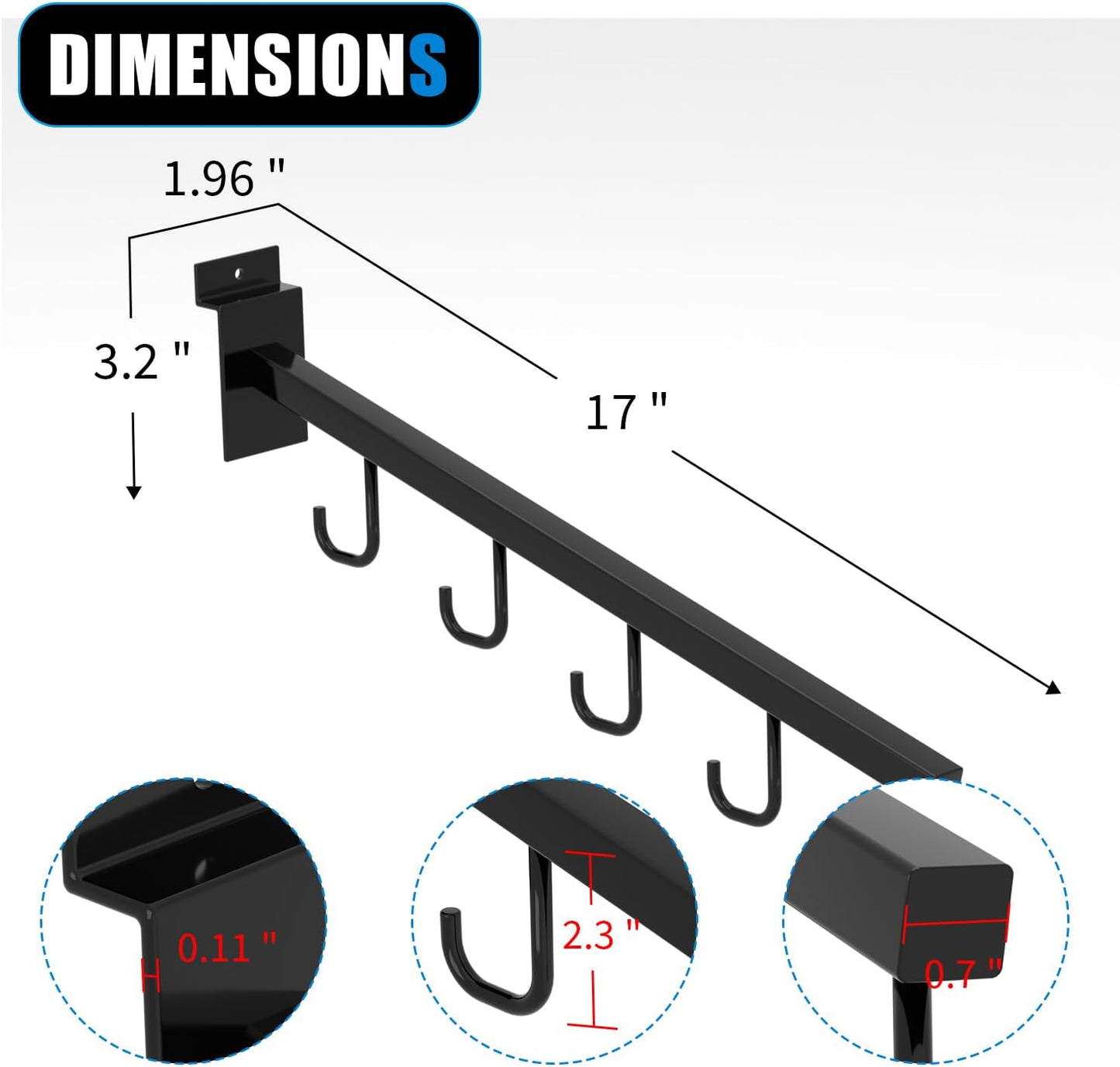 10-Pack 17-Inch Slatwall Waterfall Display Hooks with 5 J-Hooks – Black Slanted Arm Rack for Hanging Apparel, Bags & Accessories