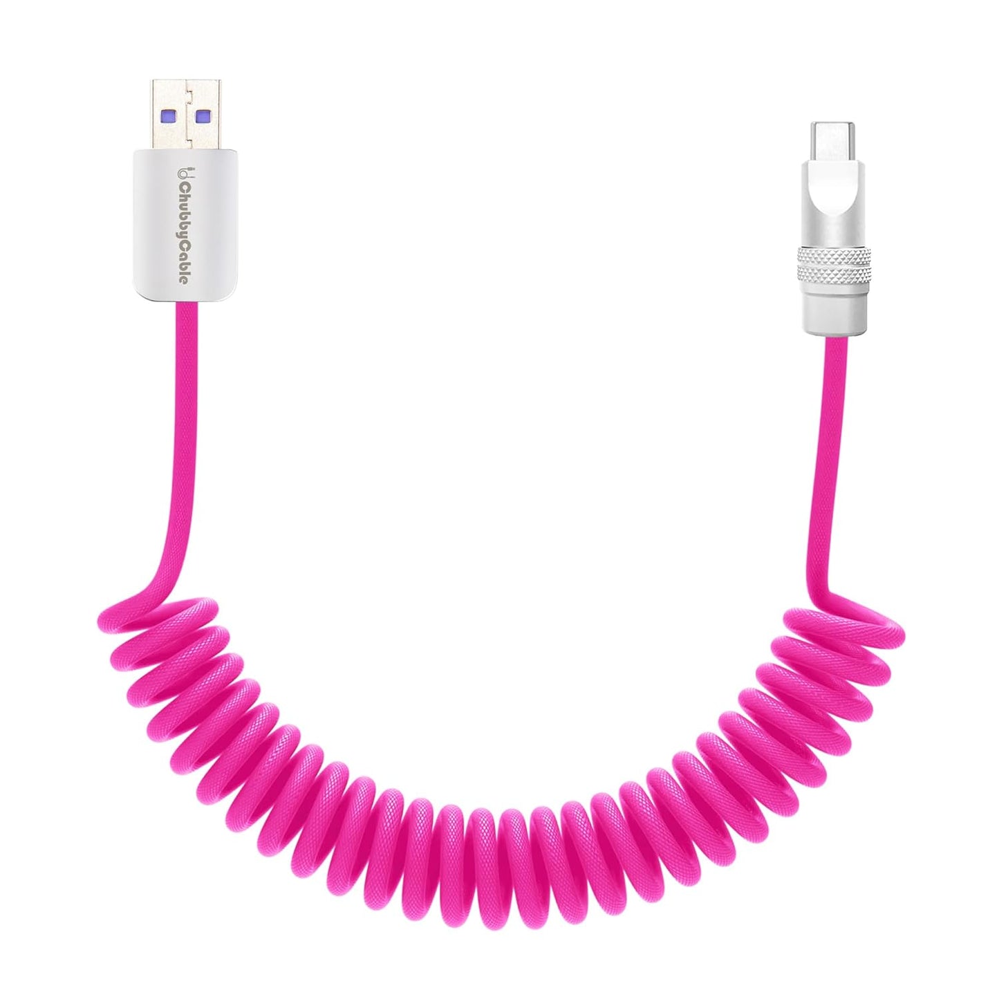 chubbycable Curly Chubby - Retractable Fast Charging Cable 240W Coiled Charger Cord for Car Durable USB-C Cable for Phones, Tablets and More, Pink, USB-A to Type-C, 1.3FT-2.3FT
