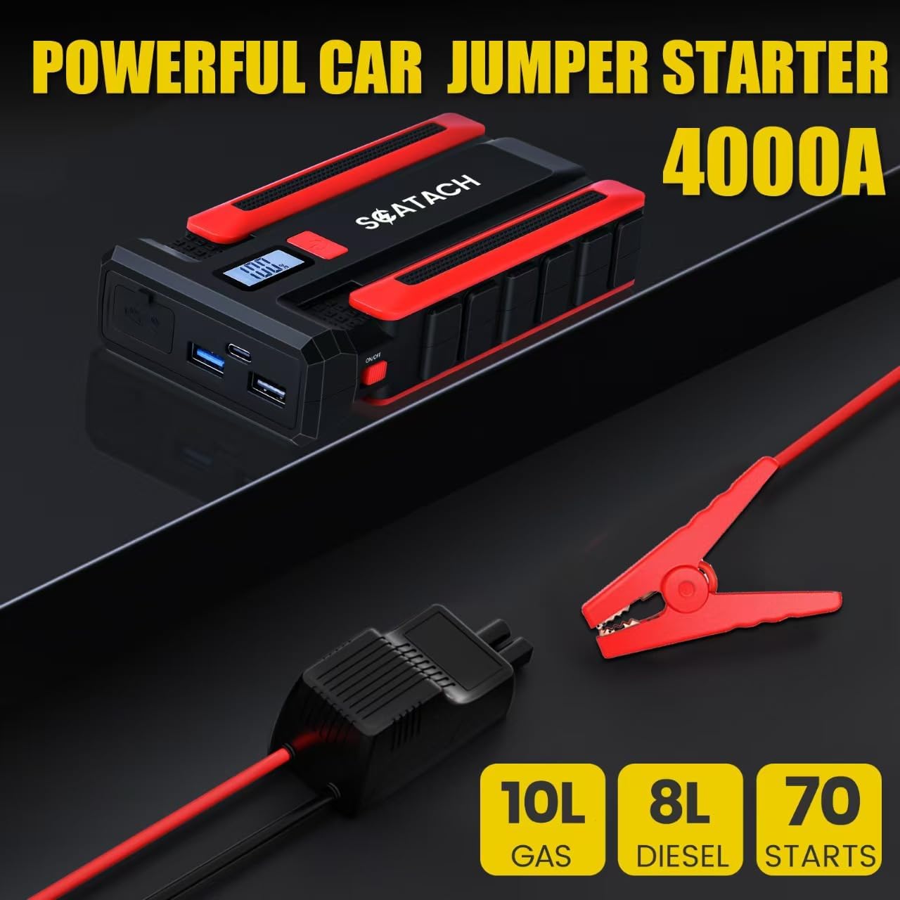 Scatach 002 4000A Car Battery Jump Starter,12V Jump Starter Battery Pack (up to 10.0L Gasoline and 8.0L Diesel Engine), Portable Jump Box with LED Display, 3 Modes Flashlight and Jumper Cable