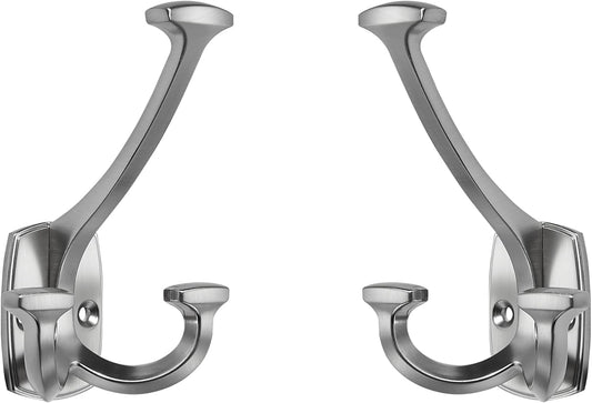 Large Wall Double-Sided Hook 2 Pack Brushed Satin Nickel Hook Decorative Heavy Duty Solid Large Coat Hooks for Towel Hanging Coats Robe Towel Bags Door Back 2 Prong Hooks