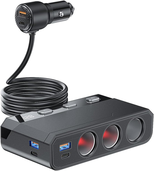 YANTU Cigarette Lighter Adapter 345W, Car Cigarette Lighter Splitter with QC3.0+PD 225W Fast Charging, 3-Socket 12V USB Outlet, Multi Port Car Charger Adapter for Car Devices