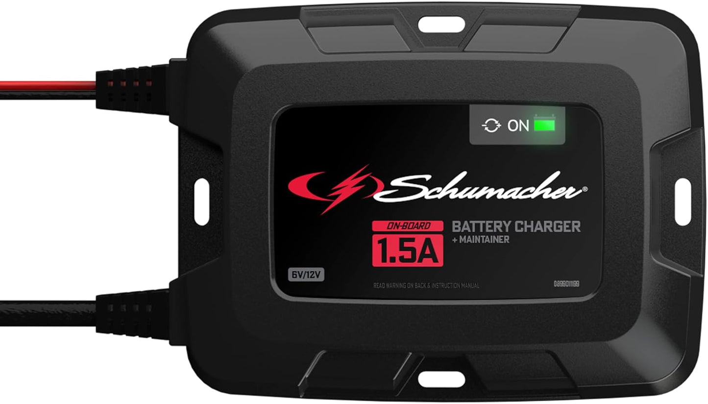Schumacher Electric On-Board Battery Charger and Maintainer, 3-in-1, SC1587, 1.5 Amps, 6 Volt, 12 Volt, Fully Automatic, Mounts Under Hood, for Car, Truck, and Large Vehicle Batteries