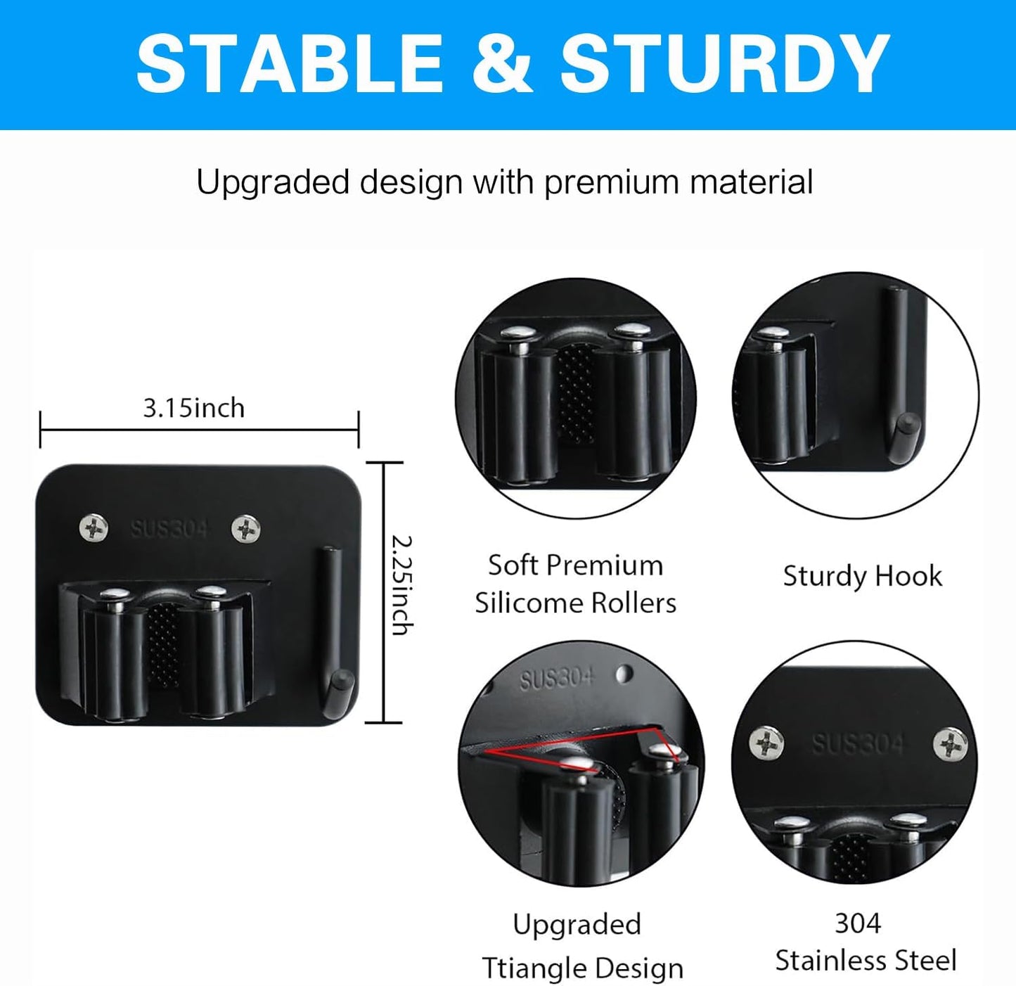 5 Pack Broom Holder Heavy Duty Stainless Steel Broom Hanger with Hooks Screw Drilling Rust Resistant Mop and Broom Holder Wall Mount for Bathroom Kitchen Laundry Room Garage - Black