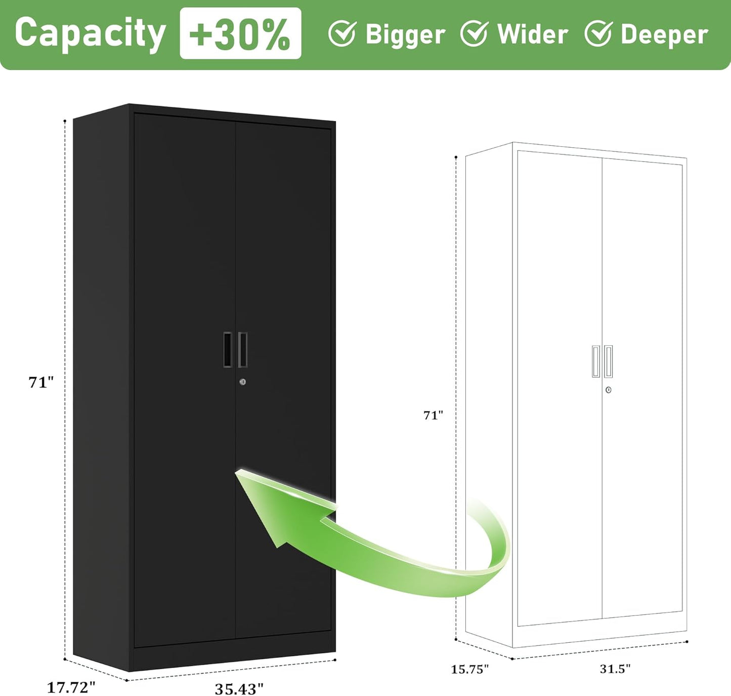 Washemba 71" Metal Garage Storage Cabinet, 2 Locked Doors and 5 Adjustable Shelves, can be Used for Storing Tools, consumables, Books, etc., for Office, Home, Garage, Gym, School (Black)