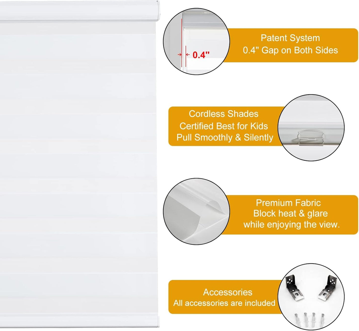 Persilux Cordless Zebra Blinds for Windows Shades (65" W x 72" H, White) Dual Layer Fabric Light Control for Day and Night Room Darkening Sheer Roller Shades for Home, Bedroom and Office