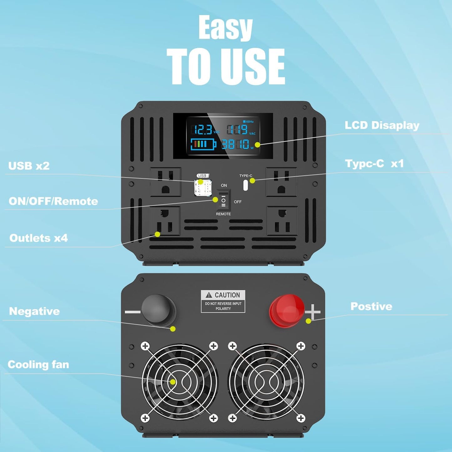 4000 Watt Modified Sine Wave Inverter, 12V Power Inverter, Four 110 / 120V DC to AC Outlets,Type-C Port,Dual Fast Charge USB Ports, LCD Display, Remote Control for Home RV Solar Car Emergency Off Grid