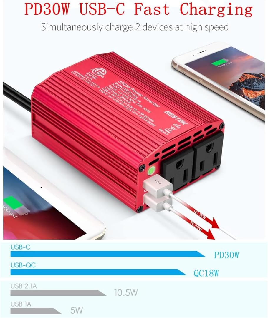 BESTEK 300W Power Inverter - DC 12V to 110V AC Converter, Fast Car Charger Adapter with 30W USB-C/18W Quick Charge/Dual 110V AC Car Plug Outlet for Laptop