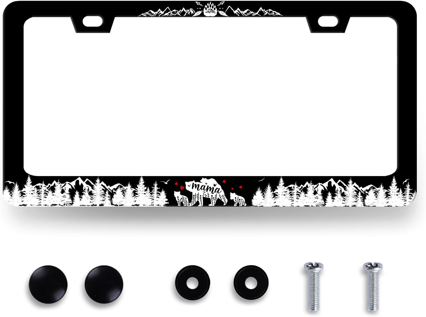 Mama Bear with Mountain License Plate Frame Forest Mountains License Plate Stainless Steel Funny Black Accessories Cars Decor 12.2 X 6.2 Inch with 2 Holes and Screws Fits Standard Us Ca Vehicles