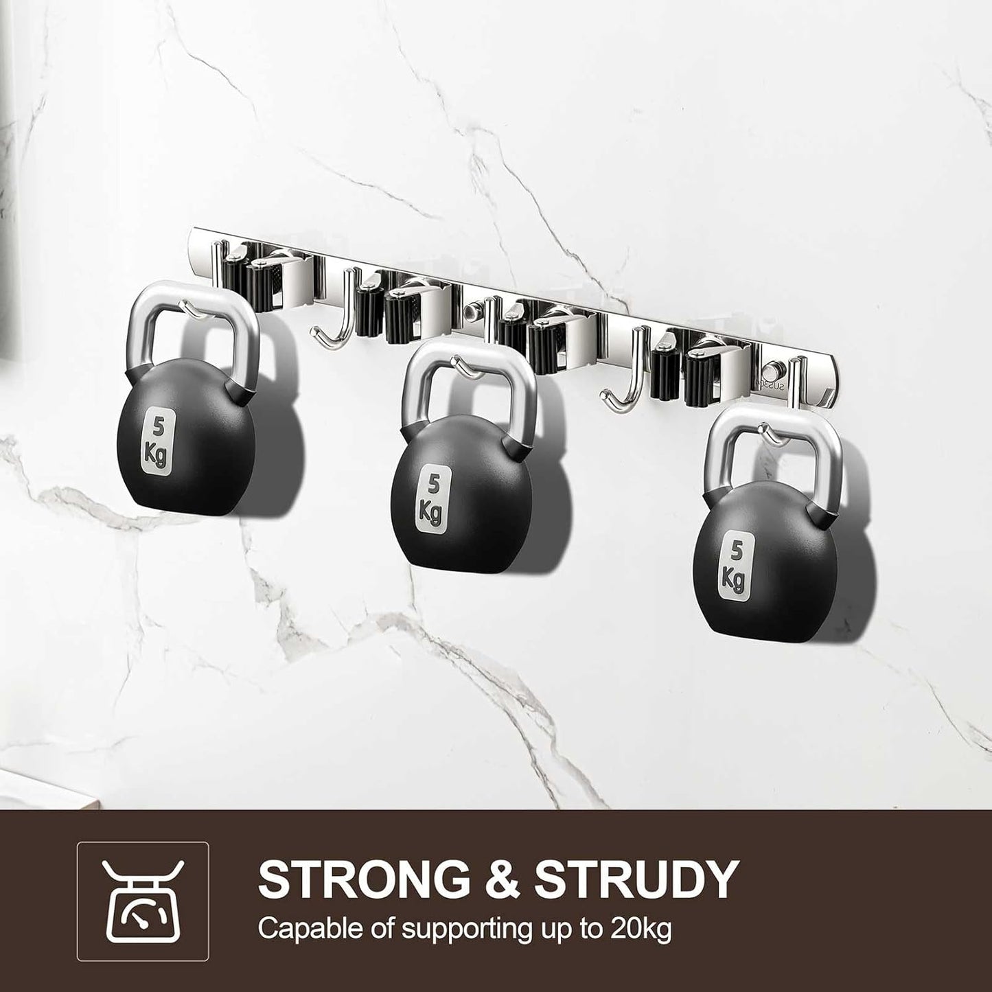 Broom Holder Wall Mount, Stainless Steel Broom Hanger Wall Mount, Heavy Duty Mop and Broom Holder Tool Racks Utility Hooks for Laundry Room Garden Garage, Grey (5 Racks and 4 Hooks)