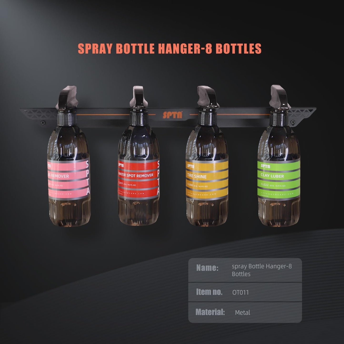 SPTA Spray Bottle Holder, Universal Detailing Spray Bottle Holder - Wall-Mounted Organizer for Mobile & Garage Detailing, Holds 6 Sprayers (16oz), Universal Lightweight Professional Accessory -OT011