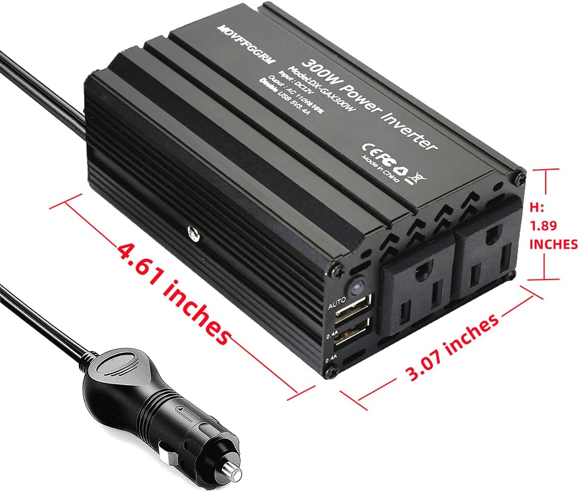 300W Power Inverter DC 12V to 110V AC Car Inverter with 2X 2.4A Dual USB car Plug in Adapter Charger Outlet Black Power inverters for Vehicles
