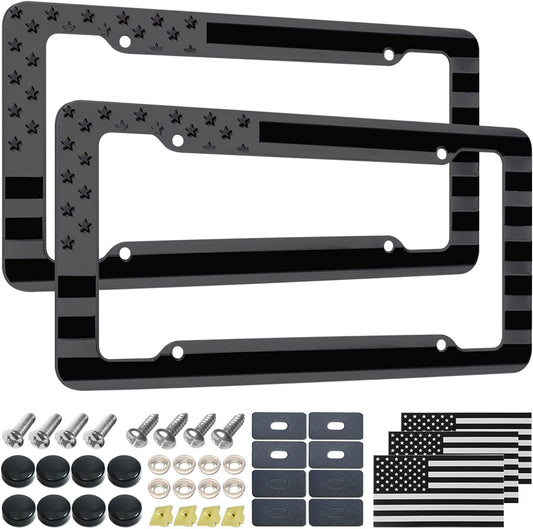 Black American Flag License Plate Frame- Front Rear Patriotic USA ‌Car Tag Frames, 2 Pack 4 Hole Subdued 3D Embossed Stars and Stripes Plastic Holder with Mounting Hardware Kit