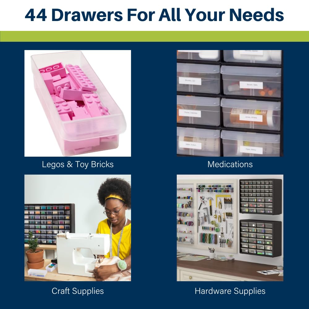 Akro-Mils 44-Drawer Plastic Drawer Storage Cabinet for Garage Organization, Bead Organizer, Building Bricks Storage, Teacher Toolbox, Makeup Organizer, 20-Inch W x 6-Inch D x 16-Inch H, 10144 Yellow