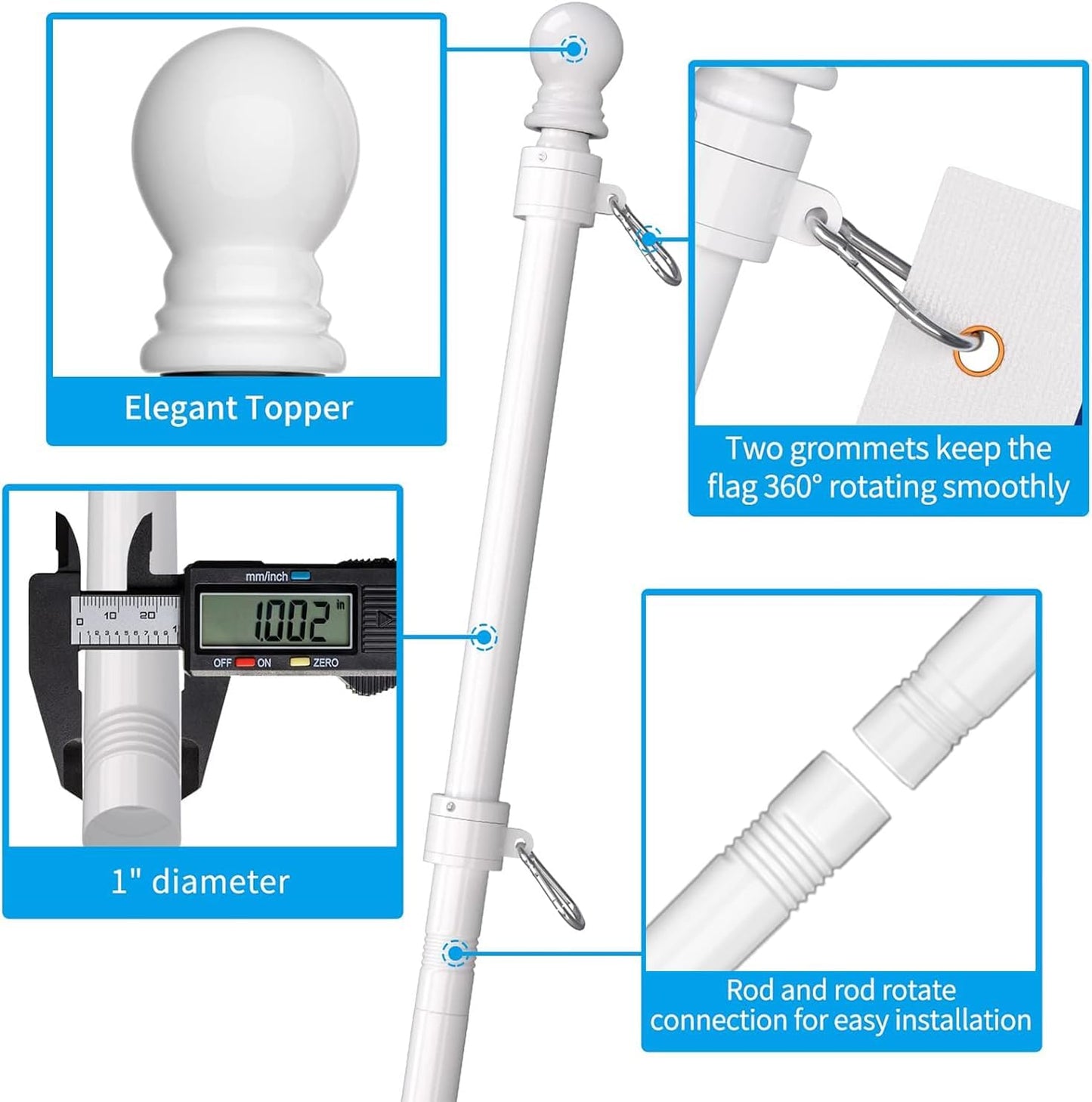 ZMTECH Flag Pole - Upgraded Bracket, (2 Packs) 6 FT Stainless Steel Flag Poles for Outside House, Residential or Commerical, Tangle Free Flag Pole Kit for American Flag (Without Flag, White)