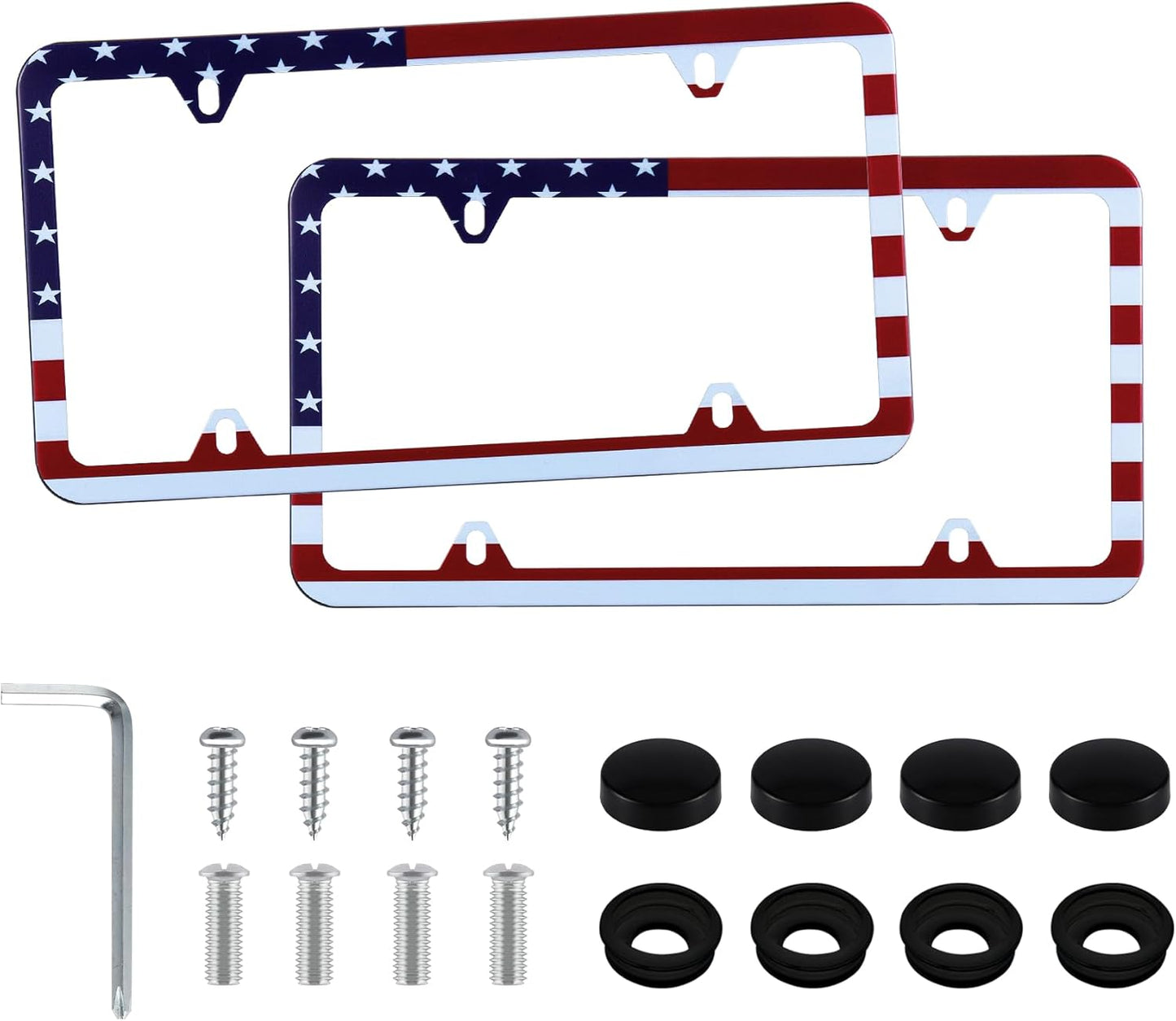LivTee American Flag License Plate Frames, 4 Holes Stainless Steel License Plate Covers, 2PCS License Plate Holder, Automotive Exterior Accessories, Red-White-Blue