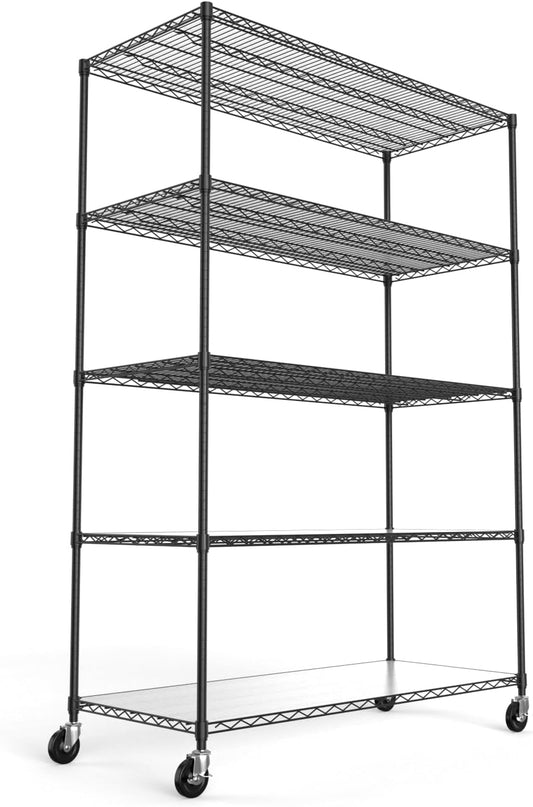 pouseayar Black 5 Tier Shelf Wire Shelving Unit, 6000lbs Capacity NSF Metal Heavy Duty Adjustable Storage Rack with Wheels & Shelf Liners, 82" H x 48" L x 24" D