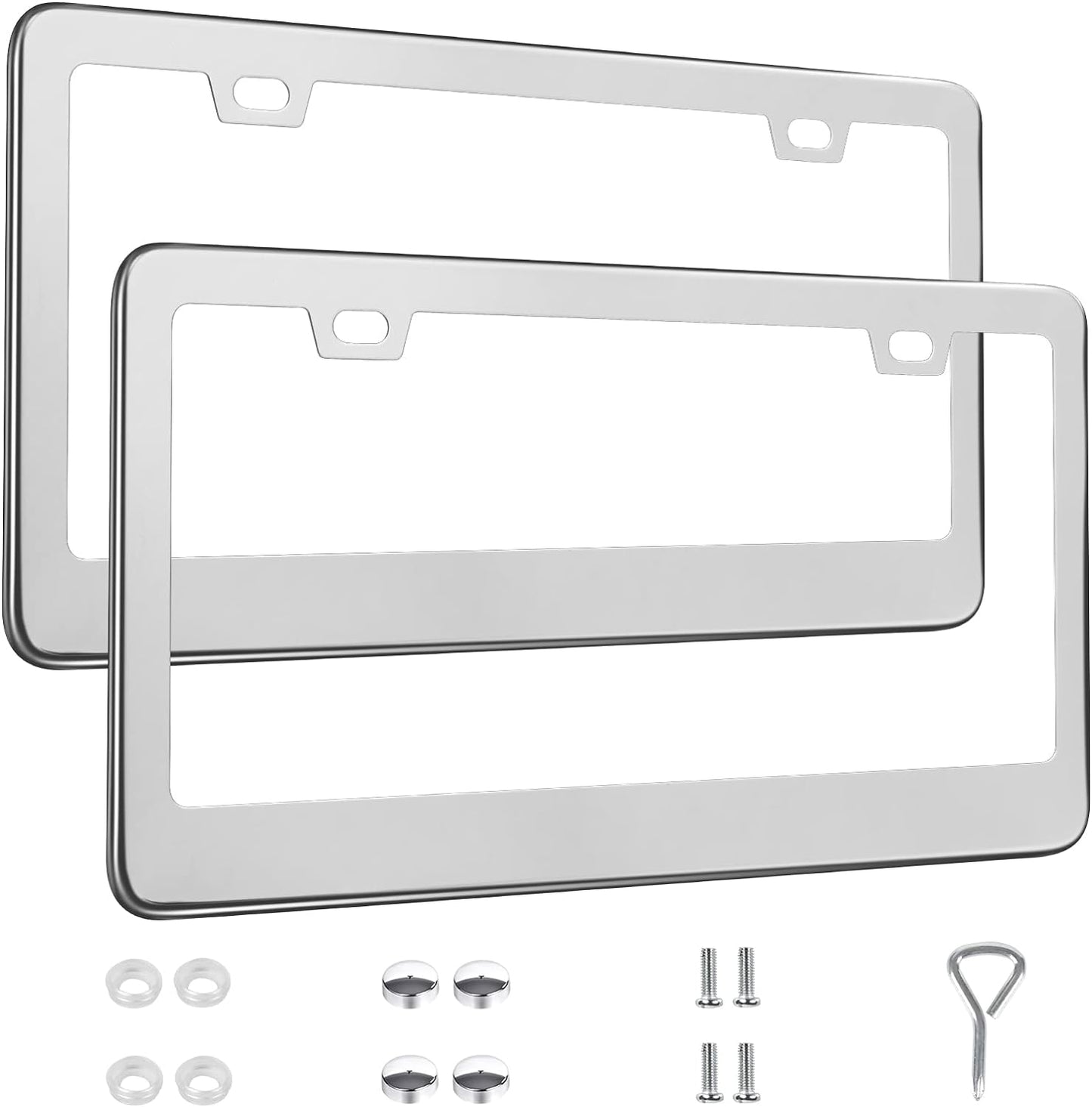 2 Pack License Plate Frames, Stainless Steel Car License Plate Cover Car Accessories with Screw Caps (Silver)