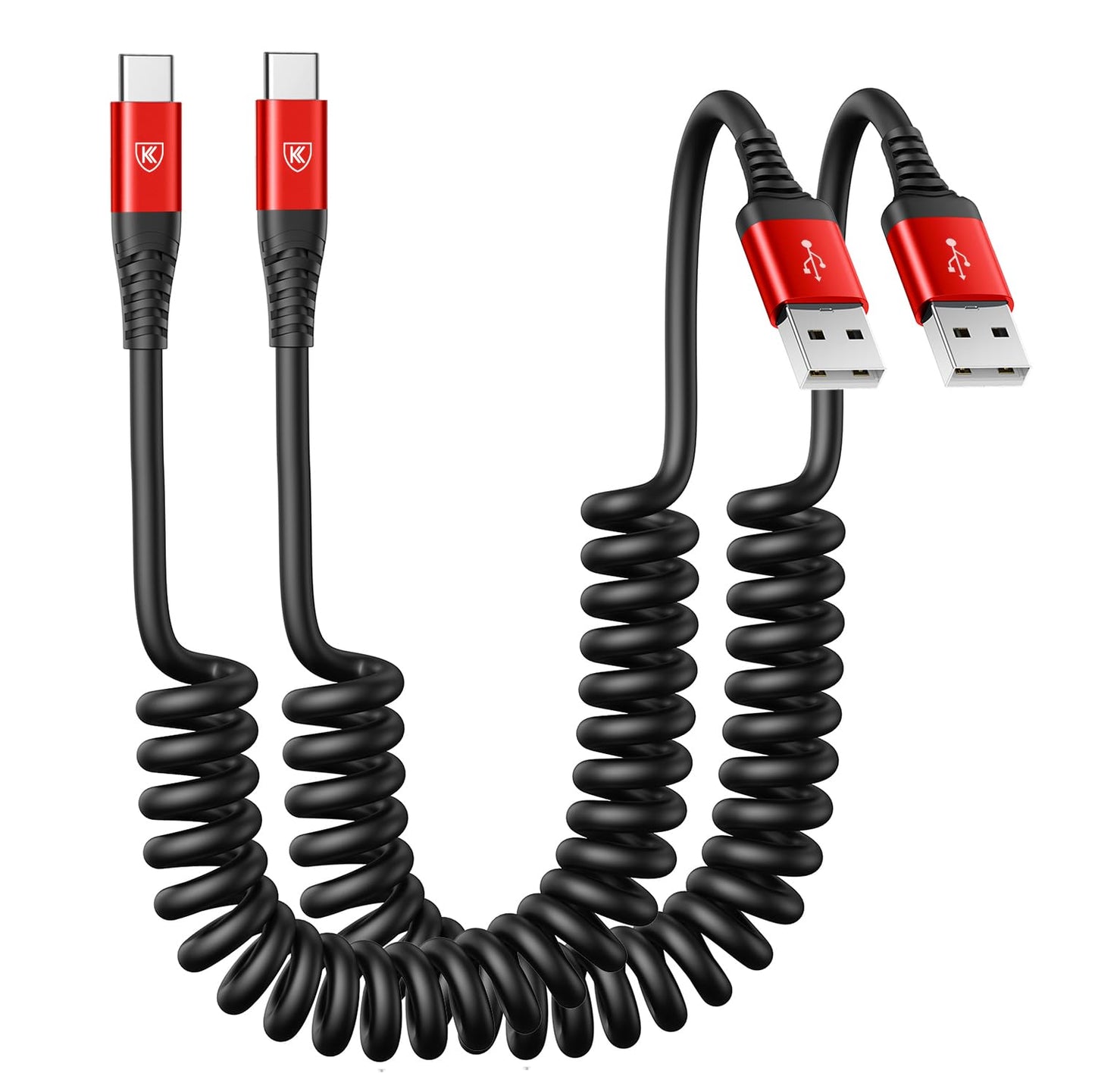 USB to USB C Cable Fast Charging 3ft, 2Pack Coiled USB C Charger Cable for Car, Android Auto USB Type C Charger Cord, USB-C Cable Compatible with iPhone 16/15/Plus/Pro Max/Samsung Galaxy A20 S20 - Red