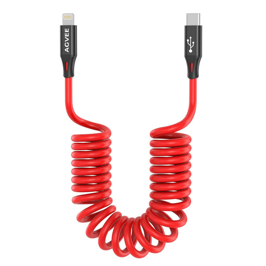 AGVEE 3ft Coiled Short USB-C to Lightning Charging Cable [MFI Certified] 30W PD Fast Charger Cord in Car for iPhone 14/13/12/11/XS/8/7/6/5 CarPlay, iPad, iPod, Red