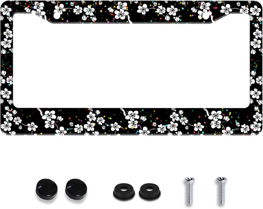 Personalized License Plate Frame White Cherry Blossoms Stainless Steel Accessory Flowers License Plate Holder Funny Car Decorative 2 Holes Fits Us Standard License Plates 12.2 X 6.3 in for Men Women