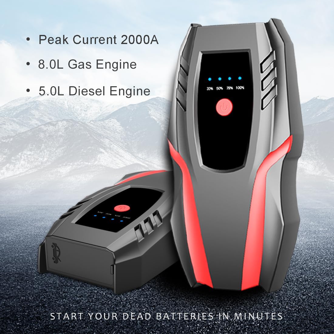 12v Auto Jump Starter Pack with Air Compressor, Peak Current 2000a, Car Lithium Battery Charger Jumper Box Tire Air Pump, Portable Power Bank for 8.0L Gas and 5.0L Diesel with Quick Charge