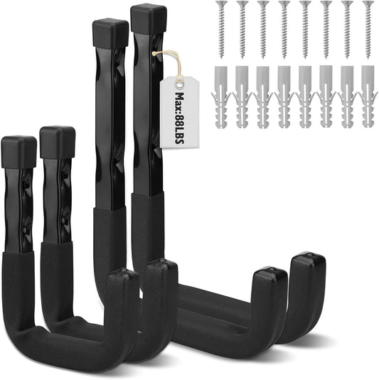 SEDY Heavy Duty Garage Storage Hooks: 4-Piece 6" & 3" Wall Mount J Utility Hooks Holds 88 LB, Large Metal Utility Hooks, Garage Storage Ladders for Bikes, Garden Tools